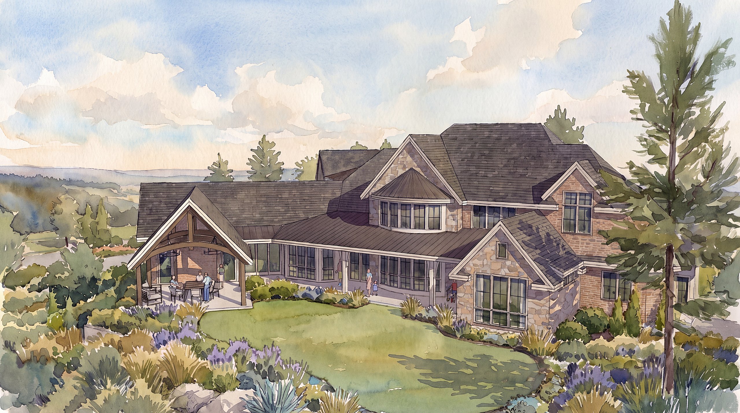 Watercolor rendering of a Drake Architecture home — a stone-and-shingle house with a covered porch and terraced garden overlooking the Willamette Valley