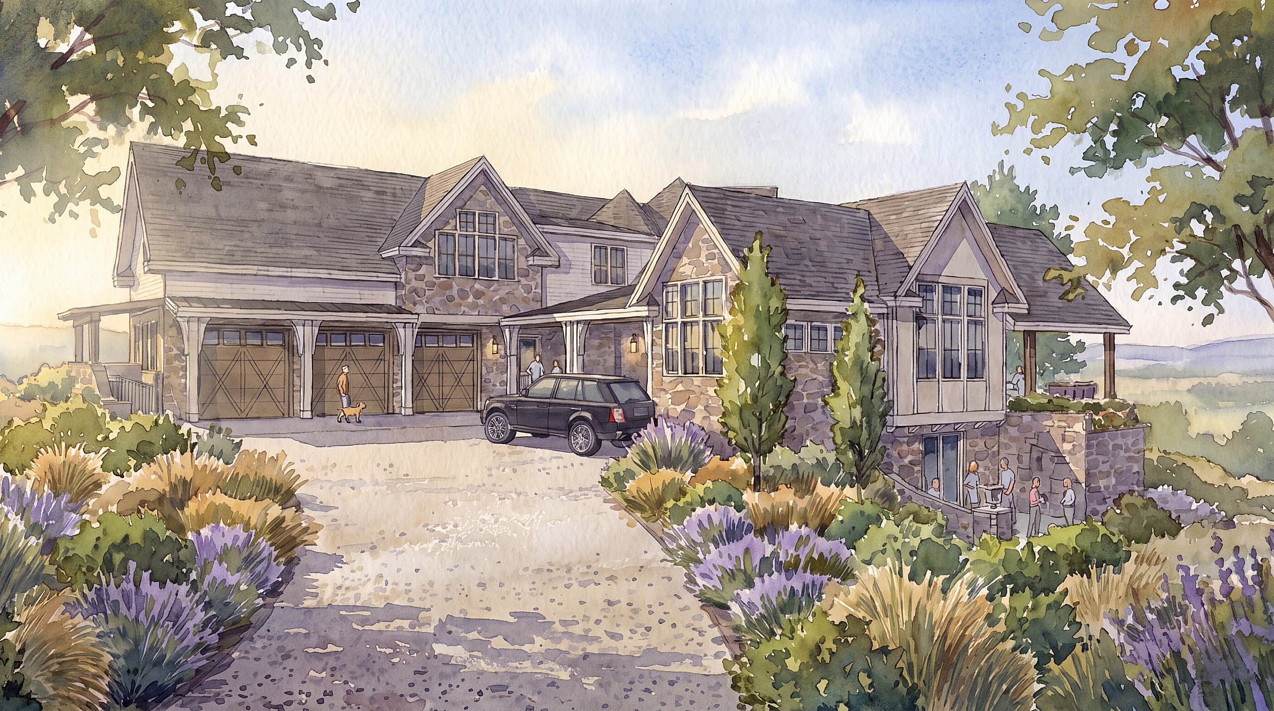 Watercolor rendering of a finished Drake Architecture home — a stone-and-shingle house with a covered porch and terraced garden in the Willamette Valley